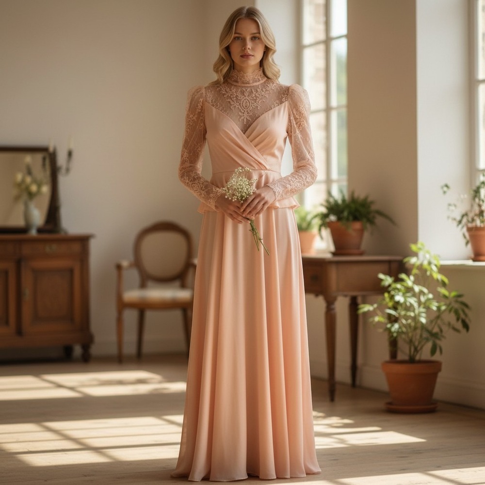 Vintage handmade maxi dress lace peach costume wedding romantic renaissance